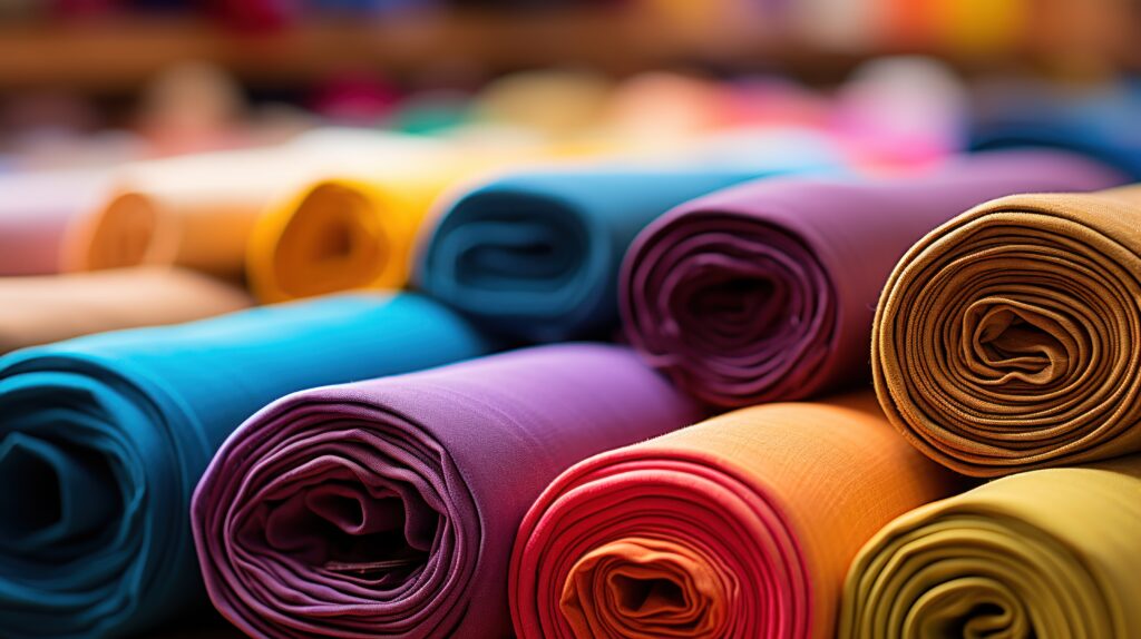 Colorful fabrics neatly aligned in a traditional textile mill. Colorful Fabrics Neatly Aligned Traditional Textile Mill 1024x574